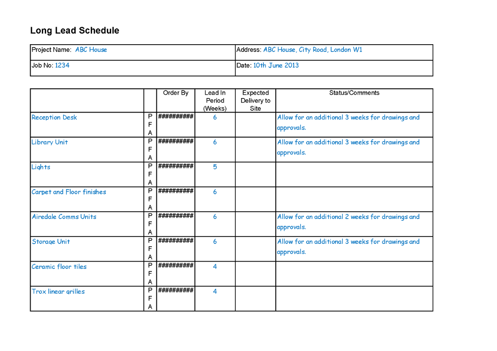 My Construction Programmes Long Lead Schedule My Construction